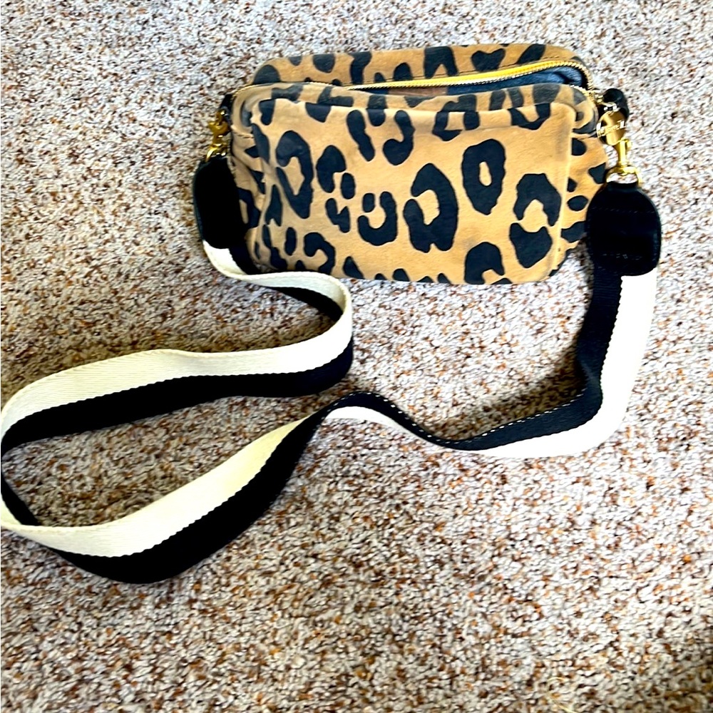CLARE V. Midi Sac Animal Leopard Print Leather Shoulder Crossbody Bag Suede